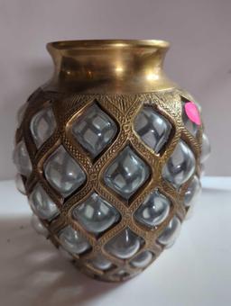 (LR) BRASS OVER GLASS VASE, MADE IN INDIA, INSIDE DISPLAYS A CRACK, 3 7/8" MOUTH, 8 1/2"H