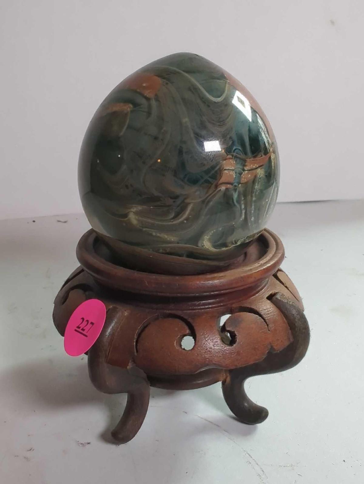 (LR)HAND BLOWN SAN FRANCISCO GLASS PAPERWEIGHT, 2 3/4"H, COMES WITH ORIENTAL WOOD STAND.