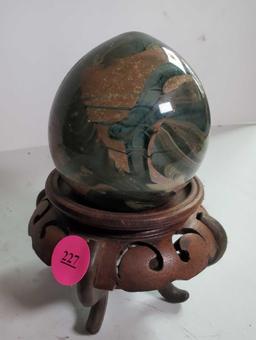(LR)HAND BLOWN SAN FRANCISCO GLASS PAPERWEIGHT, 2 3/4"H, COMES WITH ORIENTAL WOOD STAND.