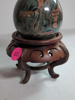 (LR)HAND BLOWN SAN FRANCISCO GLASS PAPERWEIGHT, 2 3/4"H, COMES WITH ORIENTAL WOOD STAND.