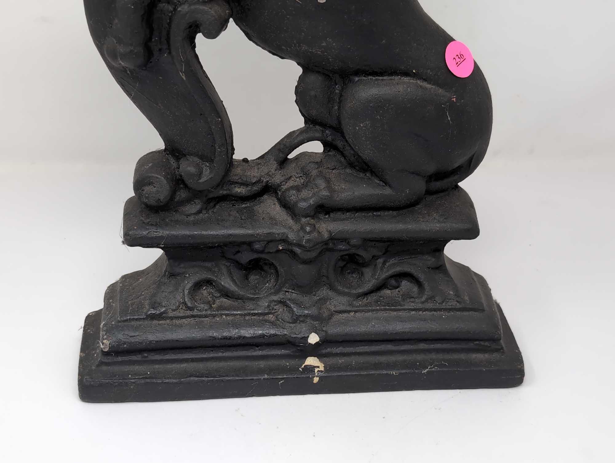 (LR) ANTIQUE CAST IRON MITTAGONG LION DOOR STOP. VERY HEAVY. IT MEASURES APPROX. 9-3/4"W X 2-1/2"D X