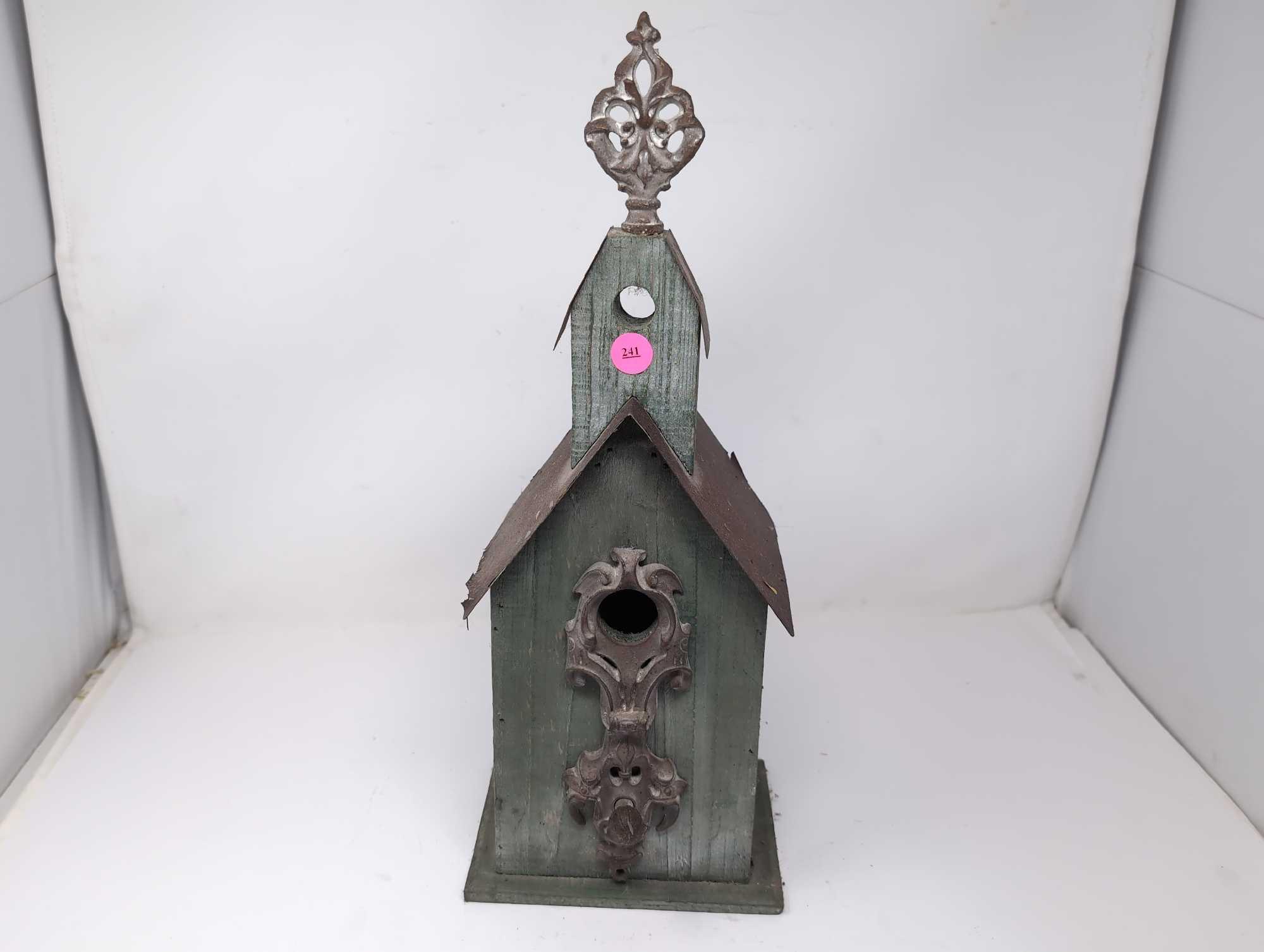 (LR) COUNTRY THEMED GREEN WOOD CHURCH BIRDHOUSE WITH DETAILED ENTRYWAY AND TIN ROOF. DOES SHOW SOME