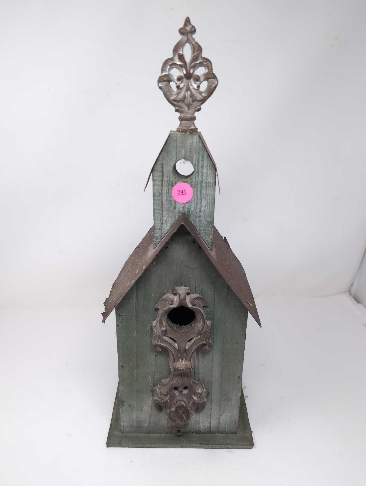 (LR) COUNTRY THEMED GREEN WOOD CHURCH BIRDHOUSE WITH DETAILED ENTRYWAY AND TIN ROOF. DOES SHOW SOME