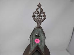 (LR) COUNTRY THEMED GREEN WOOD CHURCH BIRDHOUSE WITH DETAILED ENTRYWAY AND TIN ROOF. DOES SHOW SOME