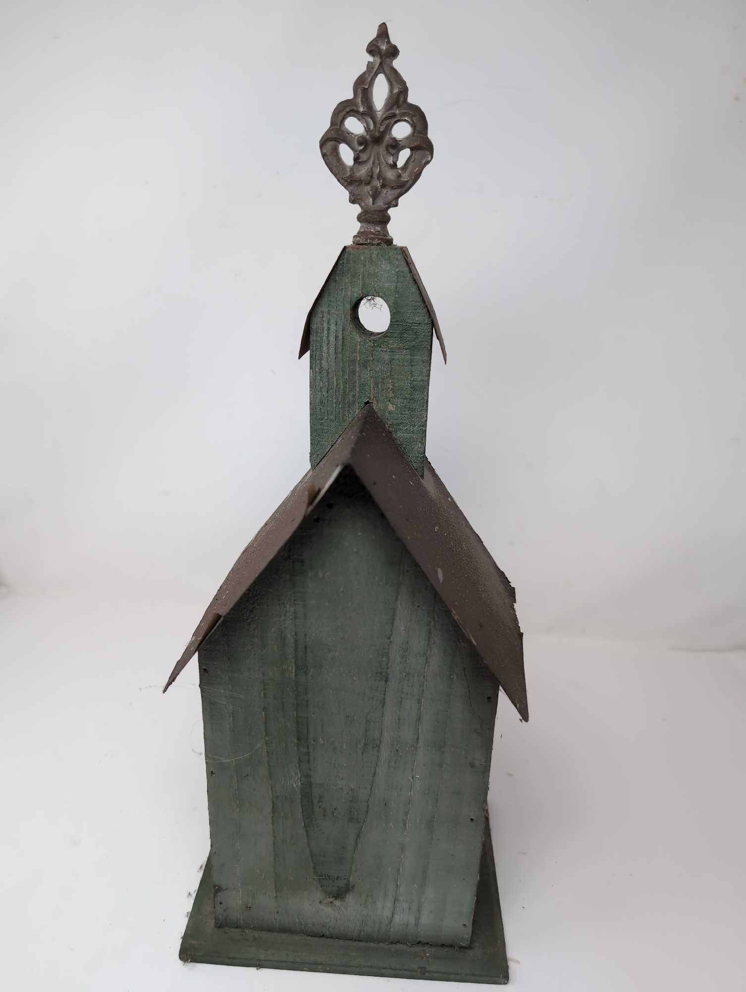 (LR) COUNTRY THEMED GREEN WOOD CHURCH BIRDHOUSE WITH DETAILED ENTRYWAY AND TIN ROOF. DOES SHOW SOME