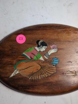(LR) WOOD OVAL WALL PLAQUE DECORATION, INLAYED COLORED STONE, DEPICTS A WOMAN OFFERING TO THEIR GOD,