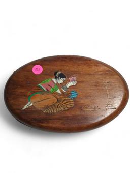 (LR) WOOD OVAL WALL PLAQUE DECORATION, INLAYED COLORED STONE, DEPICTS A WOMAN OFFERING TO THEIR GOD,