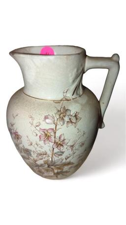 (FOY) IRONSTONE FLORAL WHITE PITCHER, HAS SOME MINOR WEAR, 3" MOUTH, 6 7/8"H