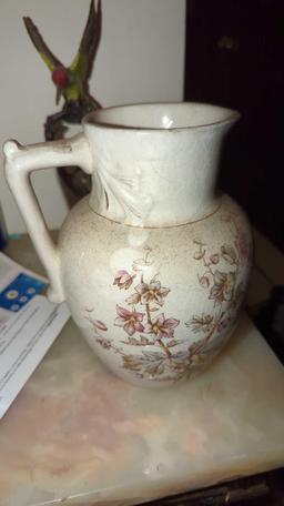 (FOY) IRONSTONE FLORAL WHITE PITCHER, HAS SOME MINOR WEAR, 3" MOUTH, 6 7/8"H