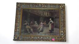 FRAMES TAVERN SCENE ON BOARD, GOLD GILT FRAME WITH FLORAL DECOR, 17 1/2"X13 1/2"