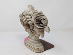 (FOYER) VINTAGE SYROCOWOOD BOOKEND DEPICTING FLOWERS IN A PLANTER. MARKED ON THE BACK WITH A
