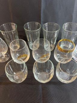 Lot of glassware. Clear with gold accents. One glass with cigar holder....