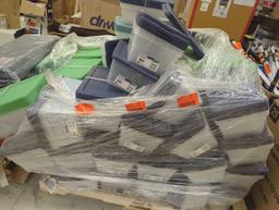 Pallet Lot of Sterilite 6 Qt. Storage Boxes, Lid Colors Included are Green, Light Blue and Navy,