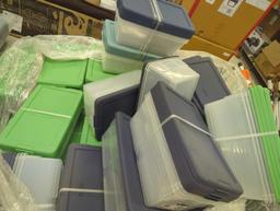 Pallet Lot of Sterilite 6 Qt. Storage Boxes, Lid Colors Included are Green, Light Blue and Navy,