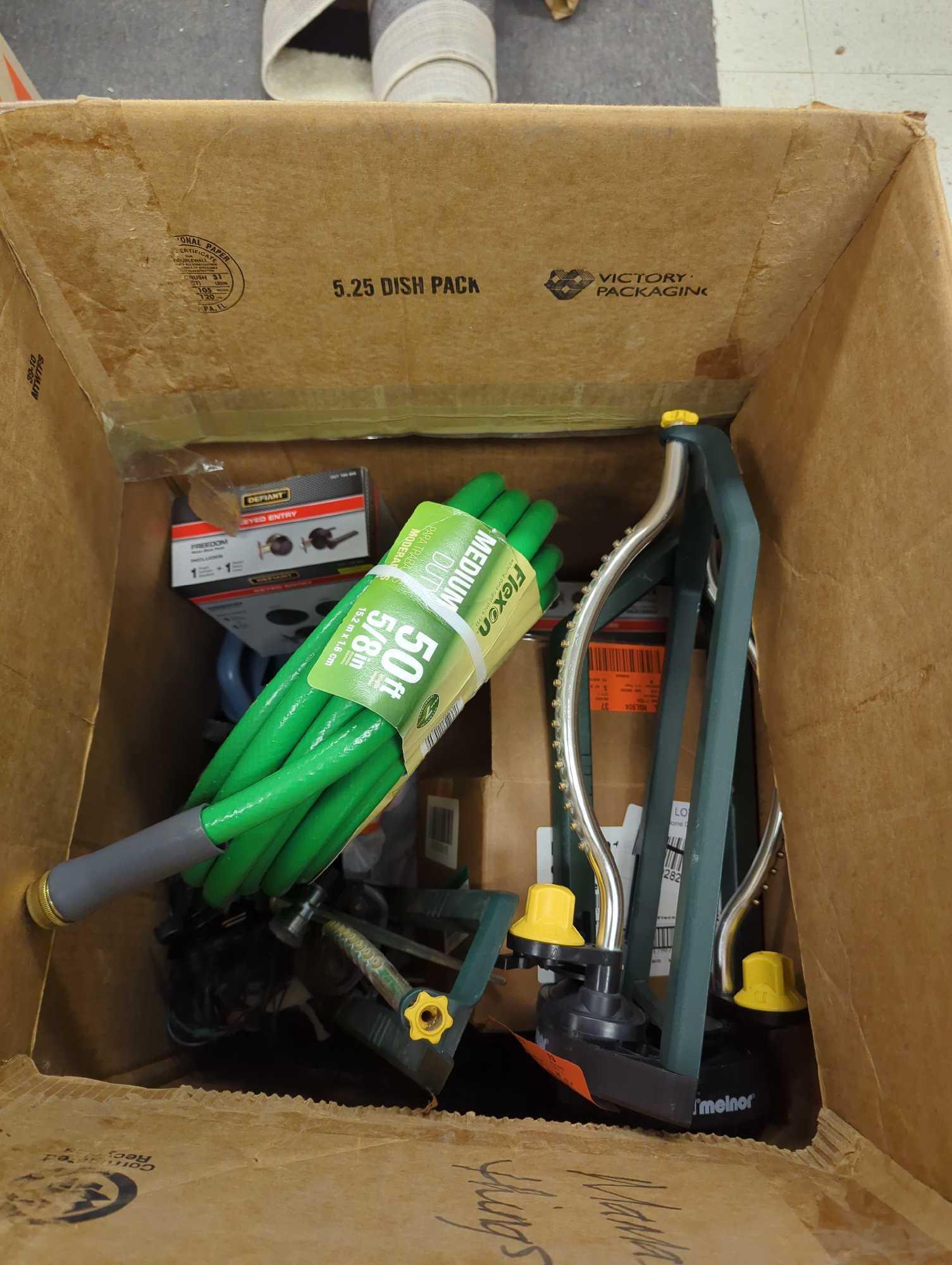Box lot of Assorted Items to Include, Flexon Medium Duty 50 Ft Garden Hose, Melnor Yard Sprinkler,