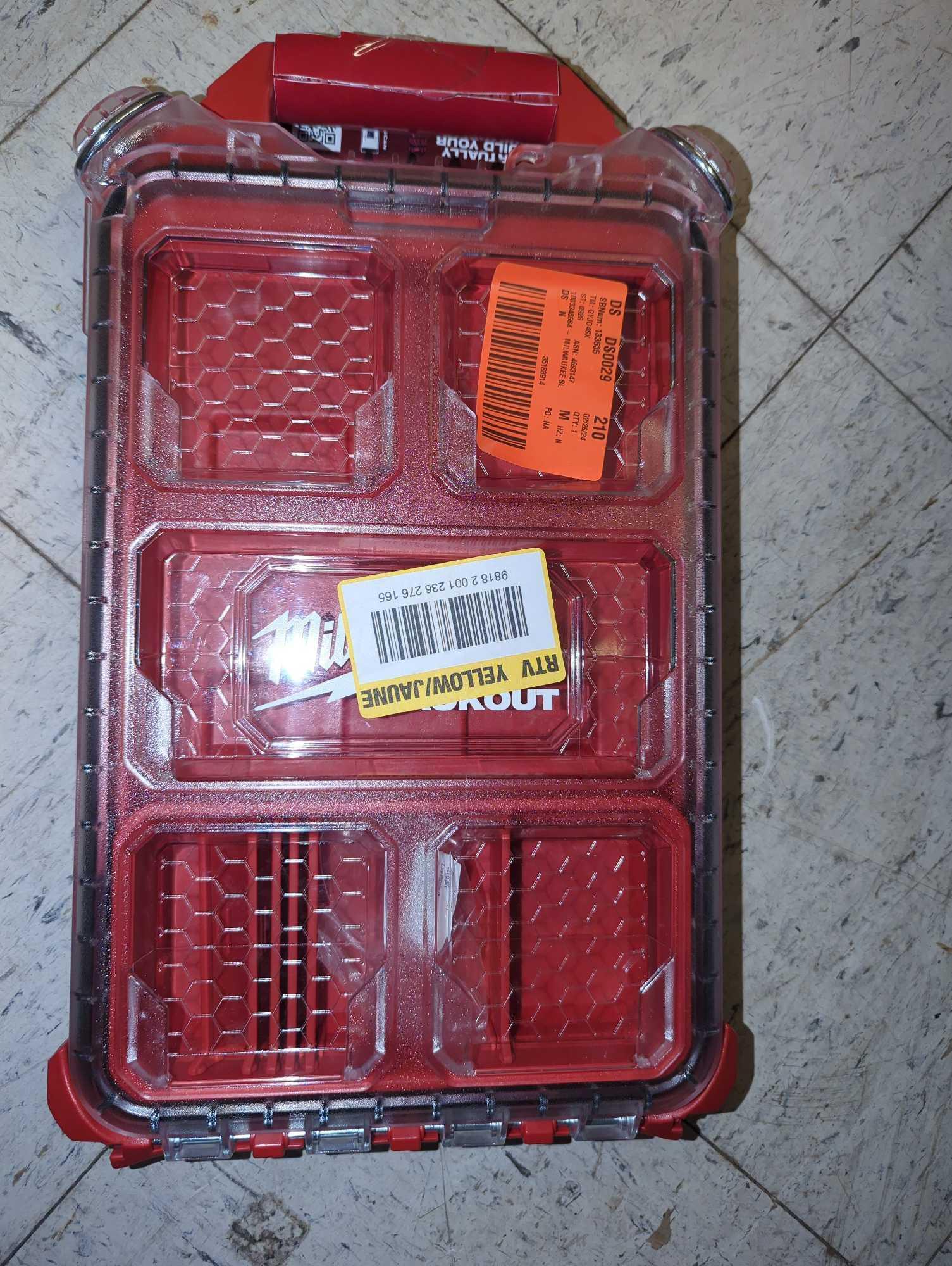 Shelf Lot of Assorted Items Including Milwaukee PACKOUT 5-Compartment Low-Profile Compact Small