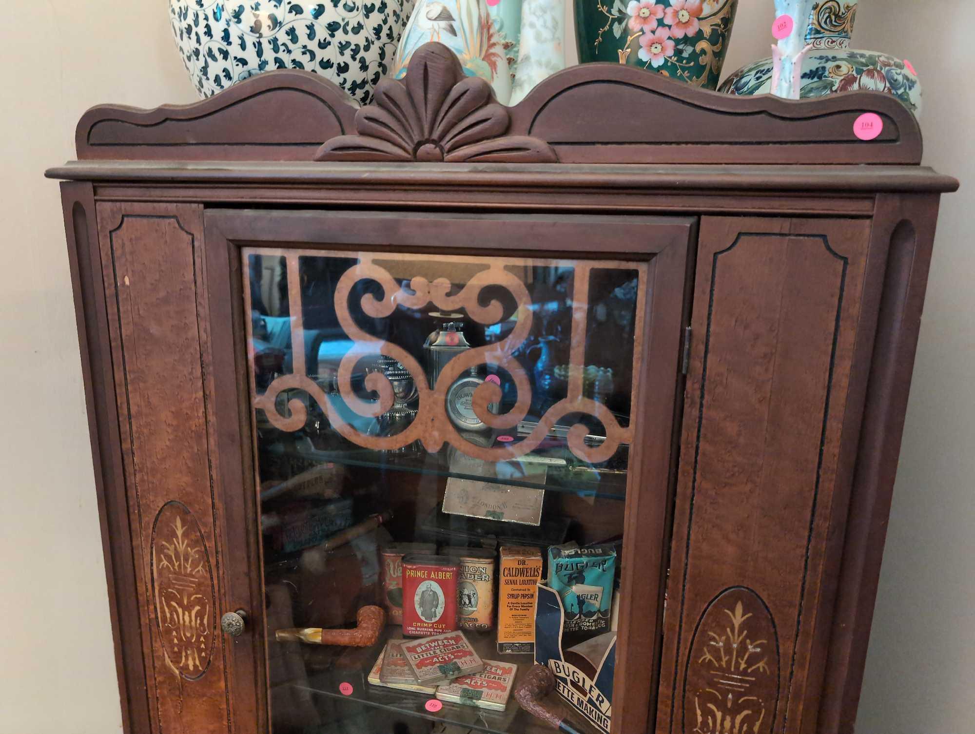(LR) ANTIQUE WOOD GLASS FRONT CHINA CABINET WITH CROSS STRETCHER BASE, INLAID DETAILS, VENEER SCROLL