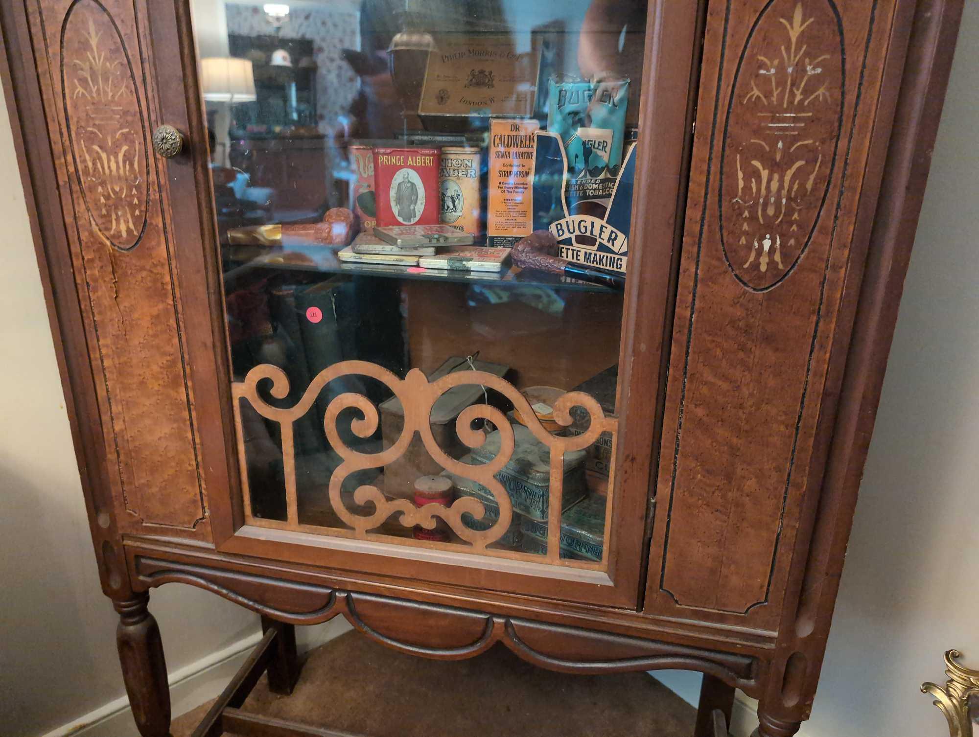 (LR) ANTIQUE WOOD GLASS FRONT CHINA CABINET WITH CROSS STRETCHER BASE, INLAID DETAILS, VENEER SCROLL