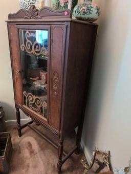 (LR) ANTIQUE WOOD GLASS FRONT CHINA CABINET WITH CROSS STRETCHER BASE, INLAID DETAILS, VENEER SCROLL