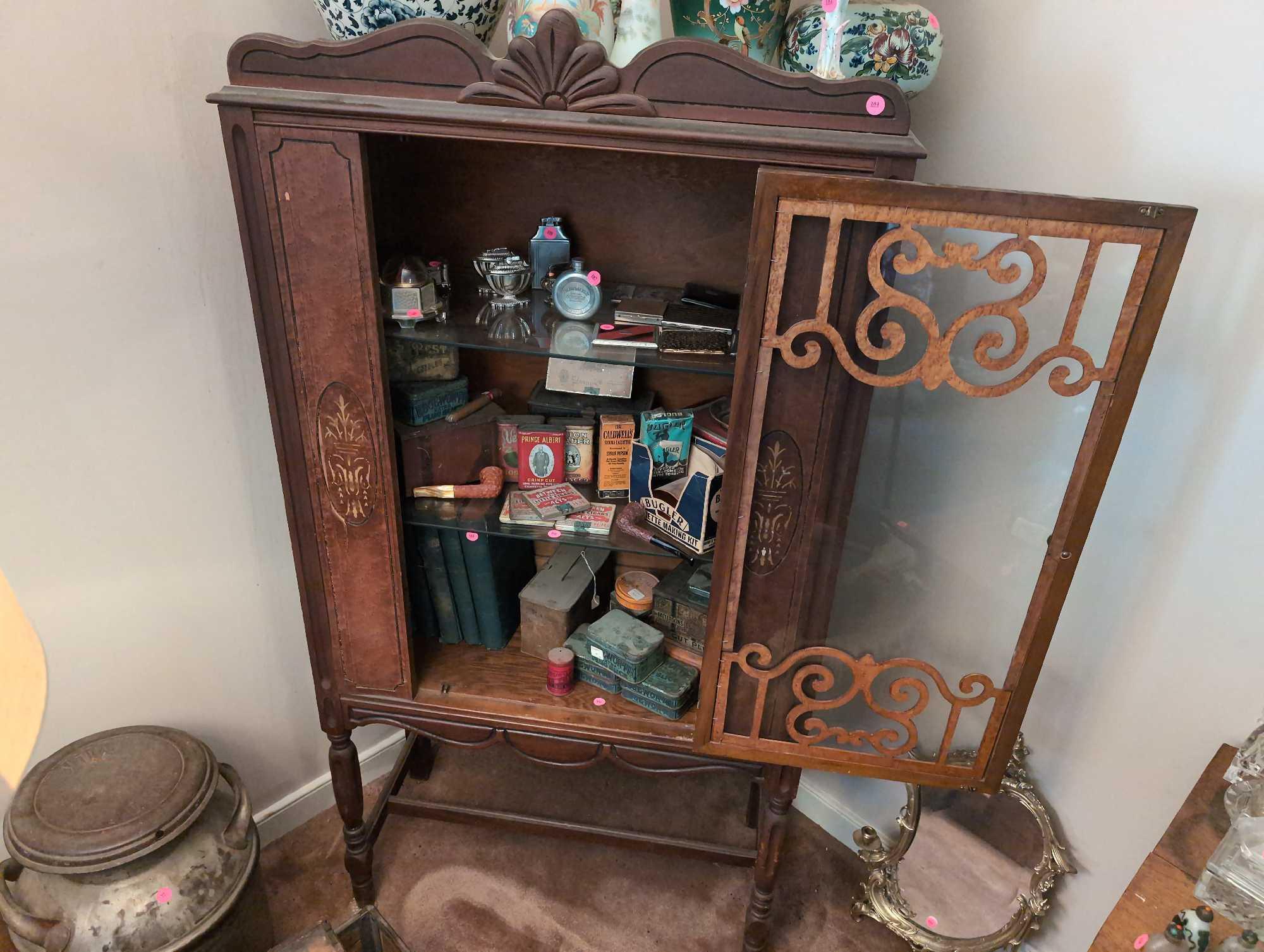 (LR) ANTIQUE WOOD GLASS FRONT CHINA CABINET WITH CROSS STRETCHER BASE, INLAID DETAILS, VENEER SCROLL