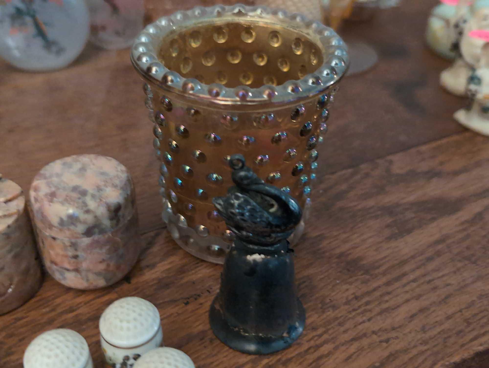 (LR) LOT OF MISC. TO INCLUDE (4) FRANKLIN PORCELAIN SEWING THIMBLES, SM. SILVERPLATE SWAN BELL,