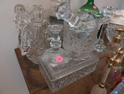 (LR) LOT OF MISC. CLEAR GLASSWARE TO INCLUDE A SQUARE COVERED DISH, (3) PAIRS OF CANDLE HOLDERS,