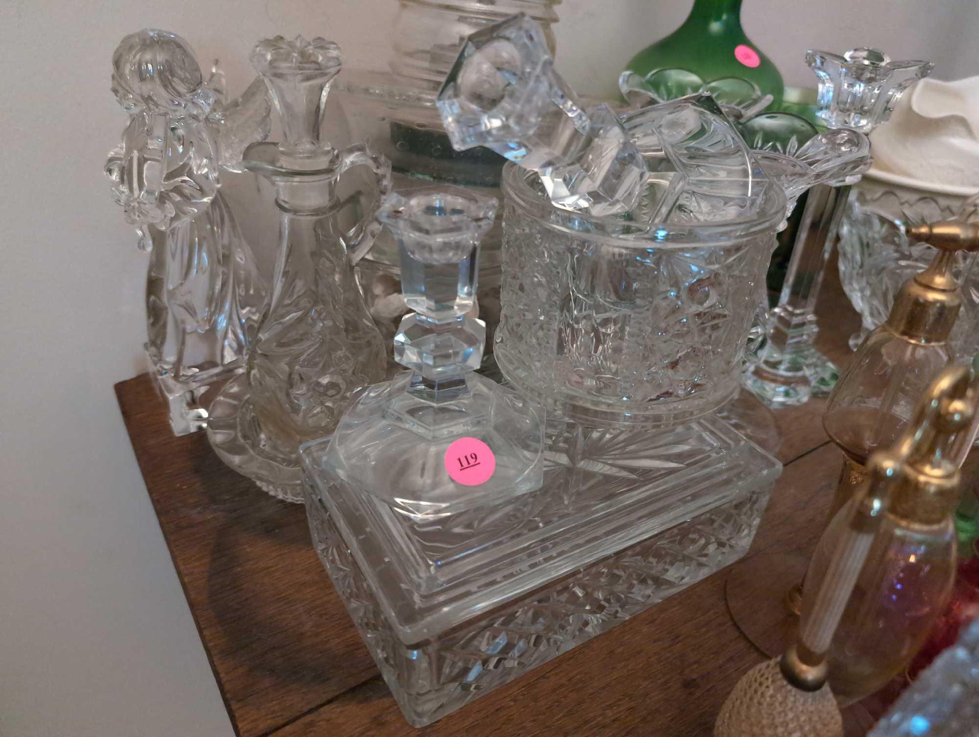 (LR) LOT OF MISC. CLEAR GLASSWARE TO INCLUDE A SQUARE COVERED DISH, (3) PAIRS OF CANDLE HOLDERS,