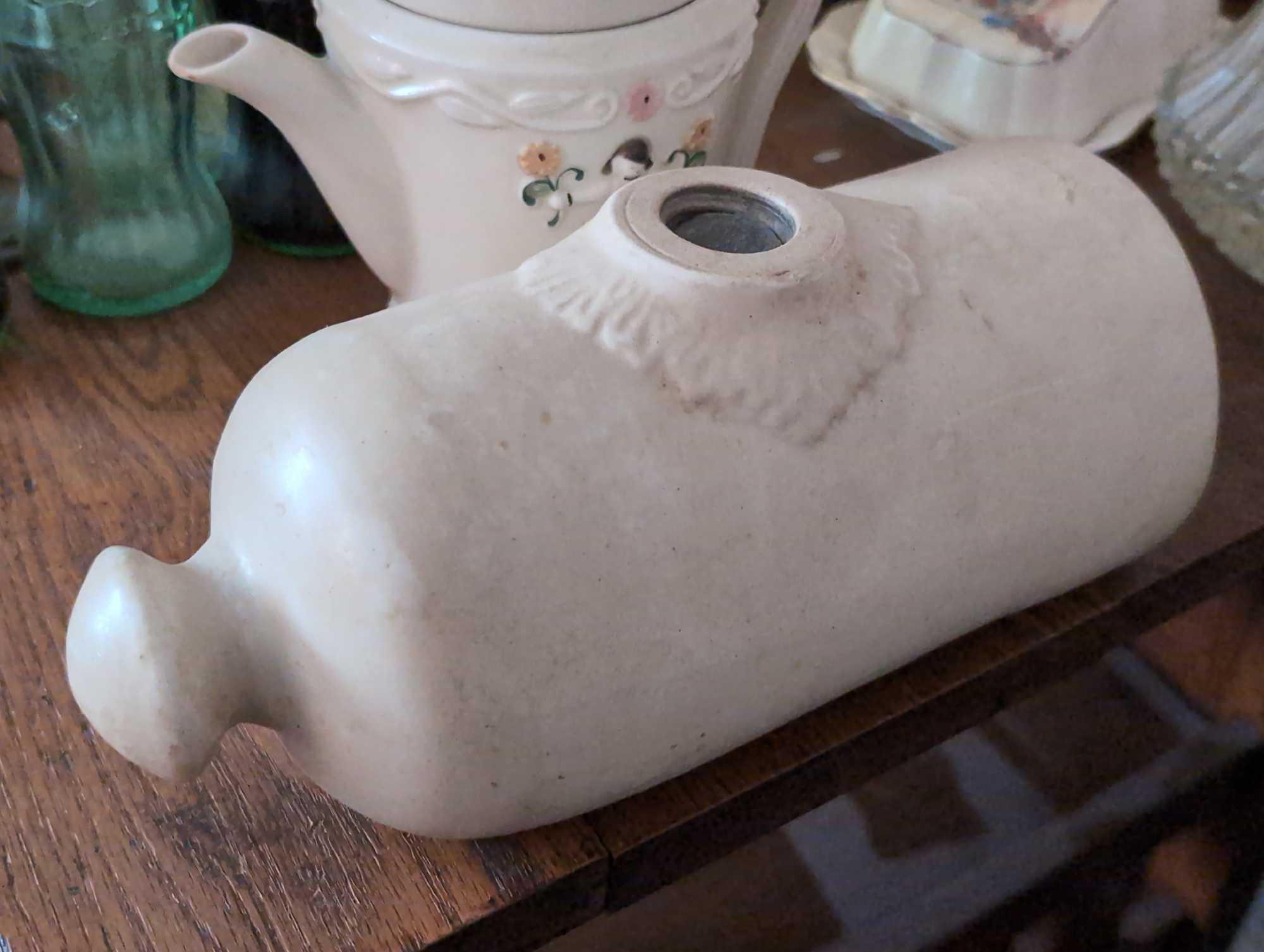 (LR) 2 PC. LOT LOVATTS LANGLEY POTTERY FOOT WARMER & A PRESTIGE POTTERY TEAPOT WITH INFUSER.