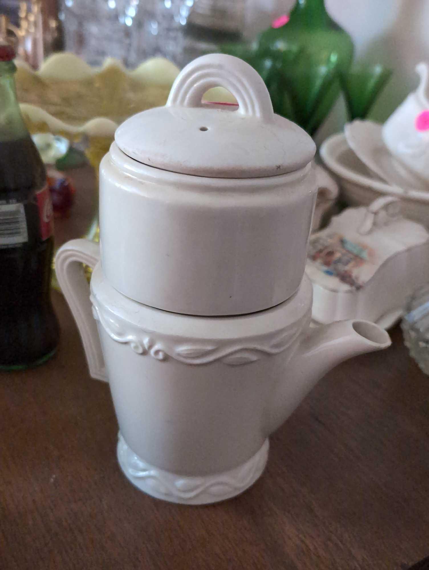 (LR) 2 PC. LOT LOVATTS LANGLEY POTTERY FOOT WARMER & A PRESTIGE POTTERY TEAPOT WITH INFUSER.