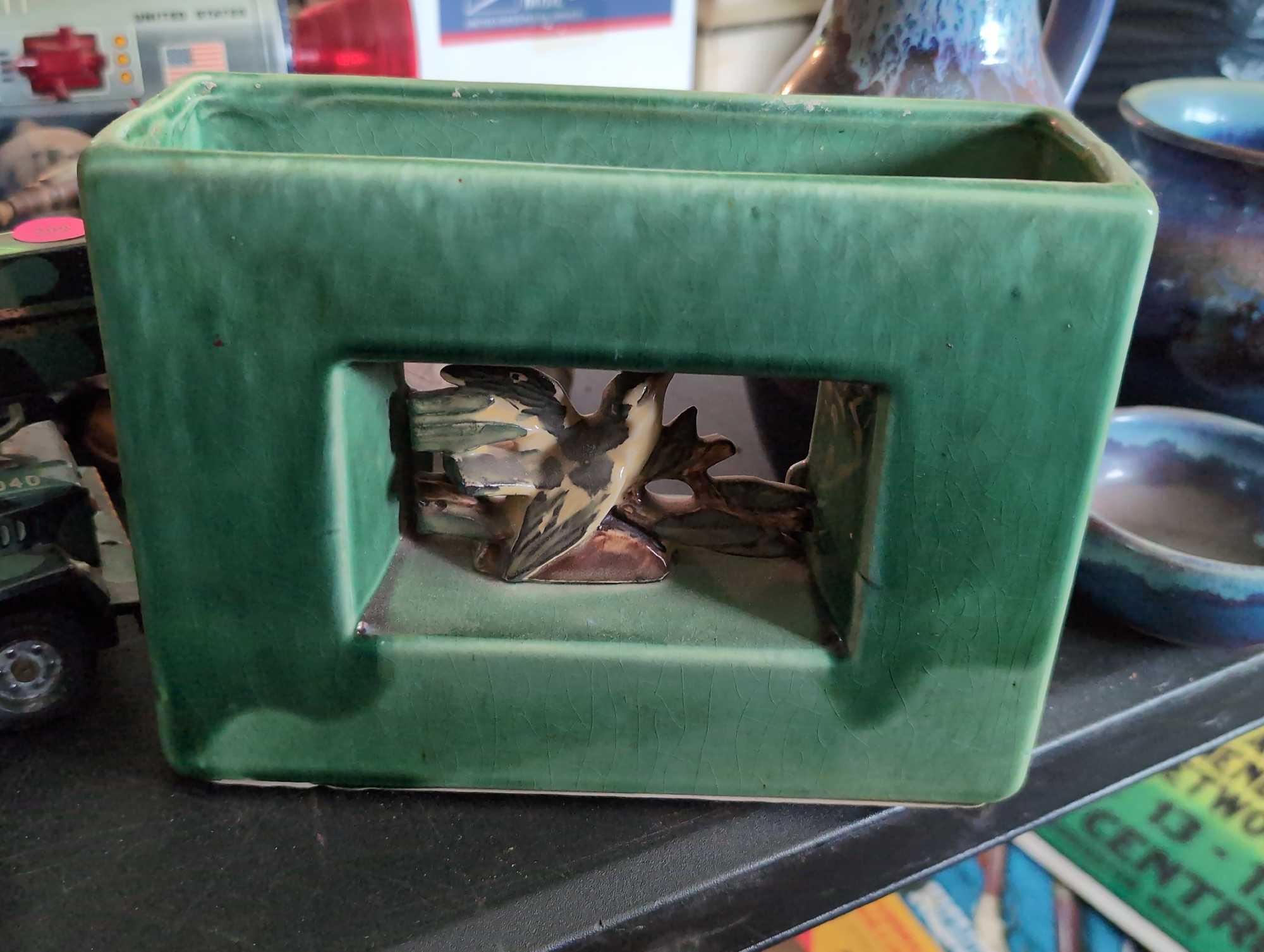 (LR) VINTAGE MCCOY ARCATURE BIRD BOX PLANTER, GREEN GLAZED. MARKED ON THE BOTTOM. 8-1/4"W X 2-1/4"D