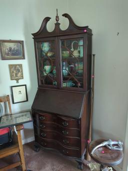 (LR) MAHOGANY FALL FRONT DESK WITH CURIO, 4 (DR)AWERS, 2 DOORS, MEASURES APPROX 77"H 30 1/4"L 17"W