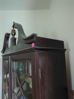 (LR) MAHOGANY FALL FRONT DESK WITH CURIO, 4 (DR)AWERS, 2 DOORS, MEASURES APPROX 77"H 30 1/4"L 17"W