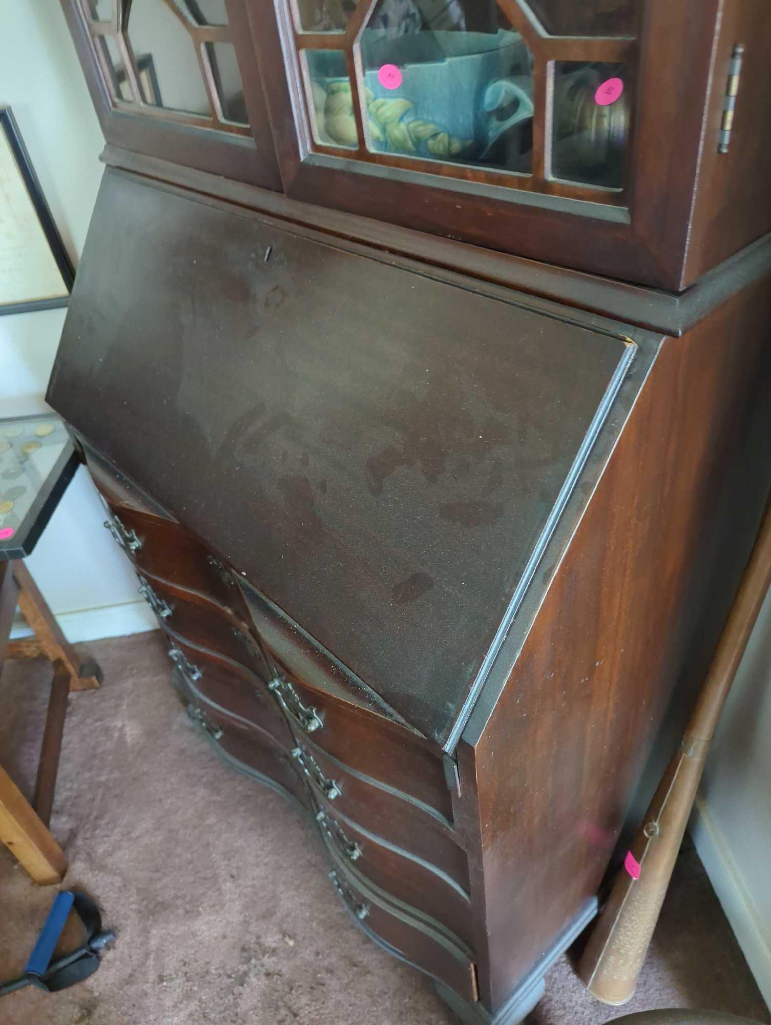 (LR) MAHOGANY FALL FRONT DESK WITH CURIO, 4 (DR)AWERS, 2 DOORS, MEASURES APPROX 77"H 30 1/4"L 17"W