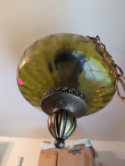 (BR2) VINTAGE GREEN GLASS & METAL HANGING LIGHT FIXTURE. IT MEASURES 15-1/2"T