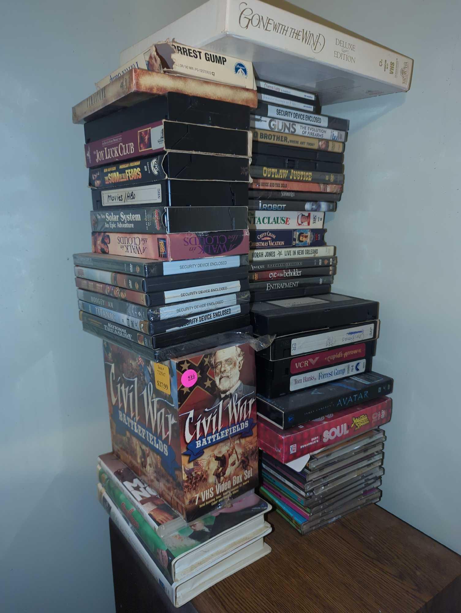 (BR3) LOT OF ASSORTED VHS TAPES, DVD'S AND CD'S INCLUDING TITANIC, IROBOT, GREATEST HITS OF ROCK N