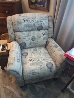 (LR) ELECTRIC RECLINER, FRENCH PARIS UPHOLSTERY, TESTED WORKING, 34"L 32 1/2"W 38"H