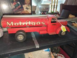 (LR)VINTAGE METAL AND WOOD MOBILGAS TOY TRUCK, 19 1/4"L 6 1/4"H