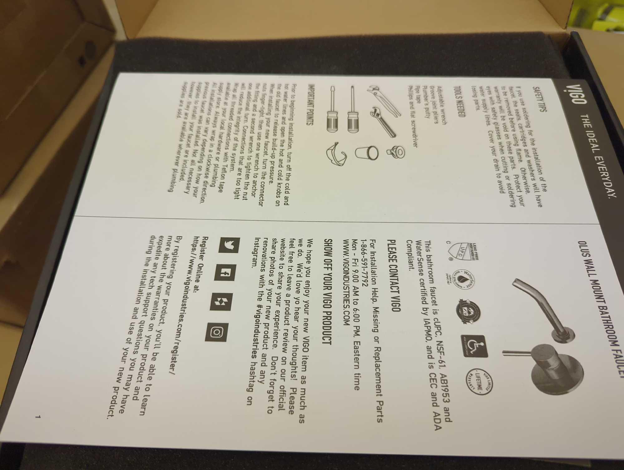 VIGO Olus Single Handle Wall Mount Bathroom Faucet in Matte Black, Retail Price $140, Appears to be
