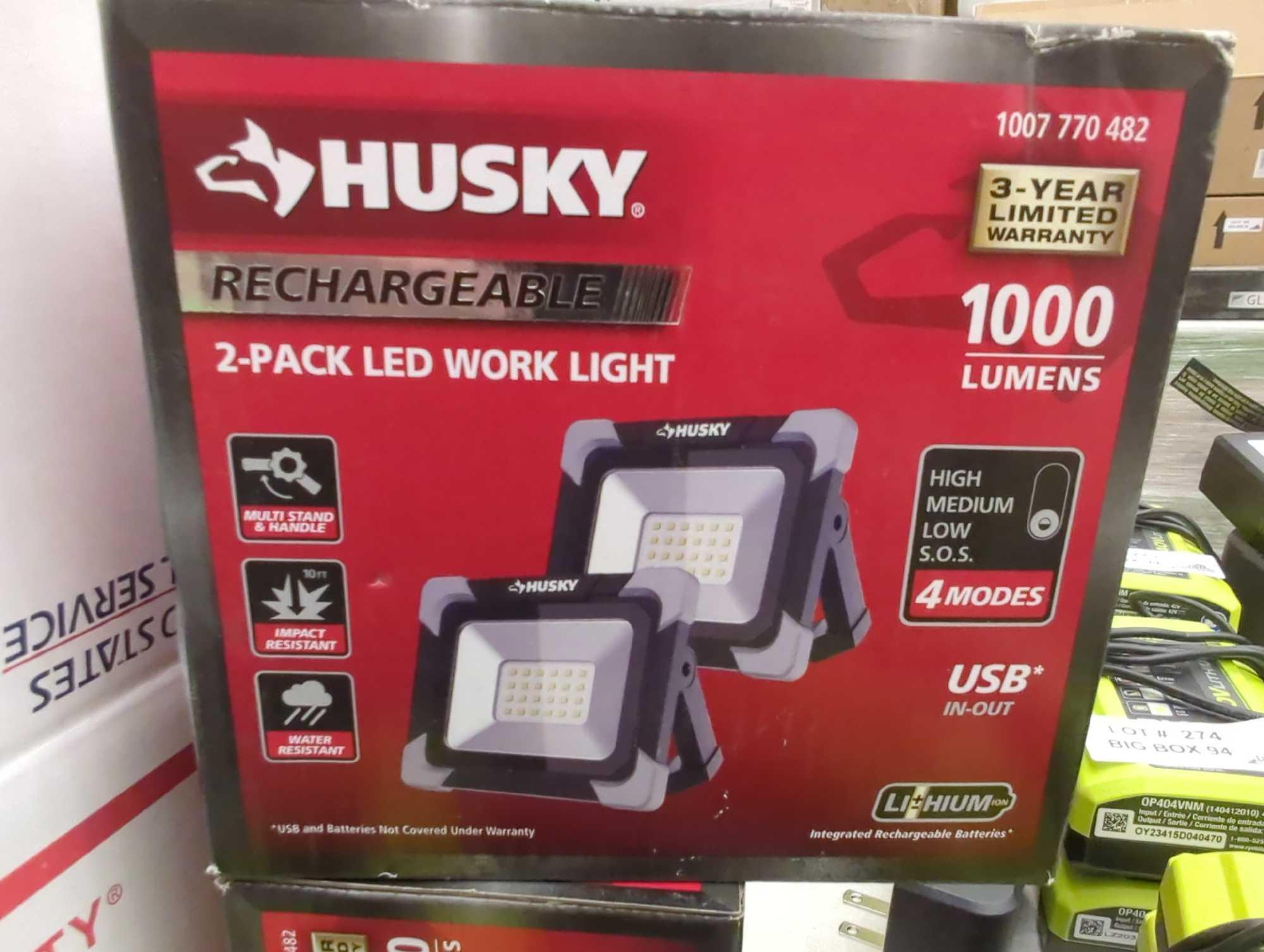 Lot of 2 Husky 1000 Lumen Rechargeable Work Light (2-Pack), Appears to be New in Factory Sealed Box