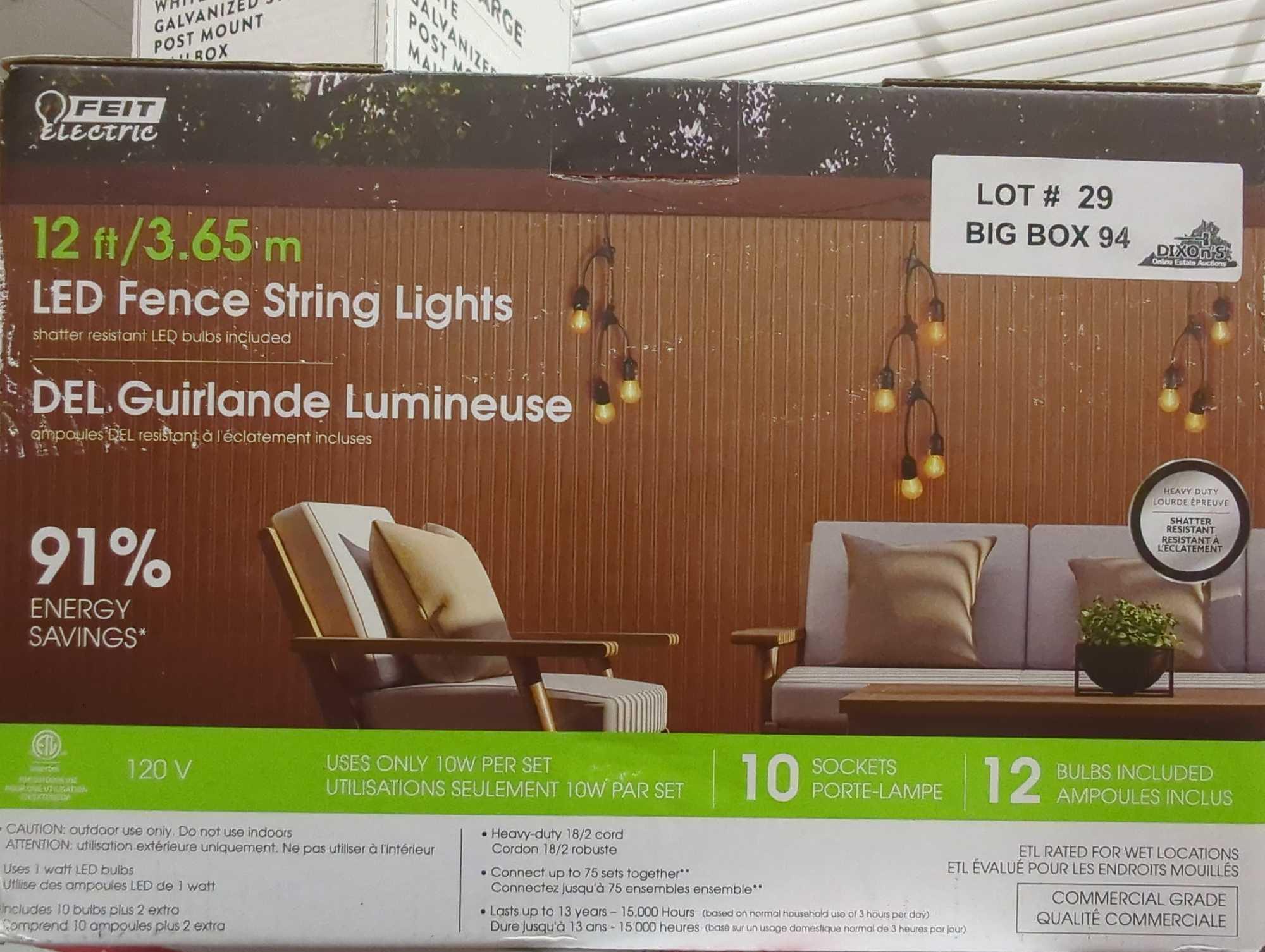 Lot of 3 Boxes Of, Feit Electric 12ft LED Outdoor Fence String Lights, 10 Sockets, 12pc. S14 LED