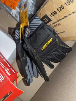 Box Lot of Assorted Items Including FIRM GRIP Medium Flex Cuff Outdoor and Work Gloves, Everbilt