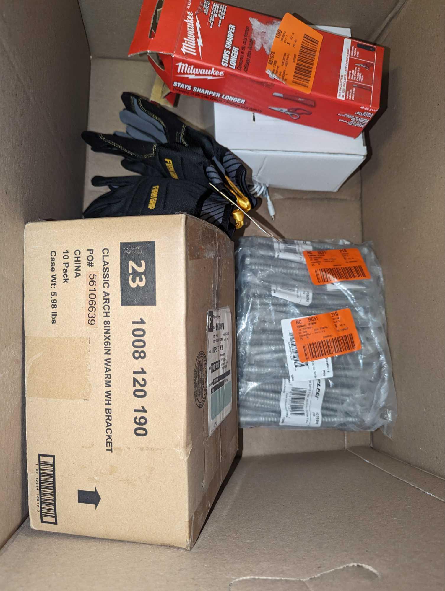 Box Lot of Assorted Items Including FIRM GRIP Medium Flex Cuff Outdoor and Work Gloves, Everbilt