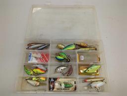 Tackle Box and contents including various fishing lures of similar style. Comes as is shown in