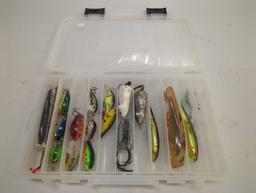 Tackle Box and contents including various fishing lures of similar style. Comes as is shown in