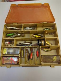 Dual-sided Tackle Box and contents including worms and other various fishing lures. Comes as is