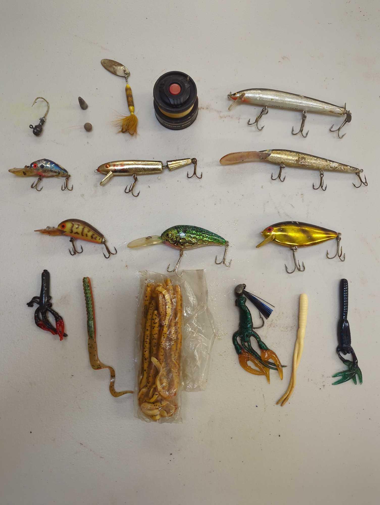 Dual-sided Tackle Box and contents including worms and other various fishing lures. Comes as is