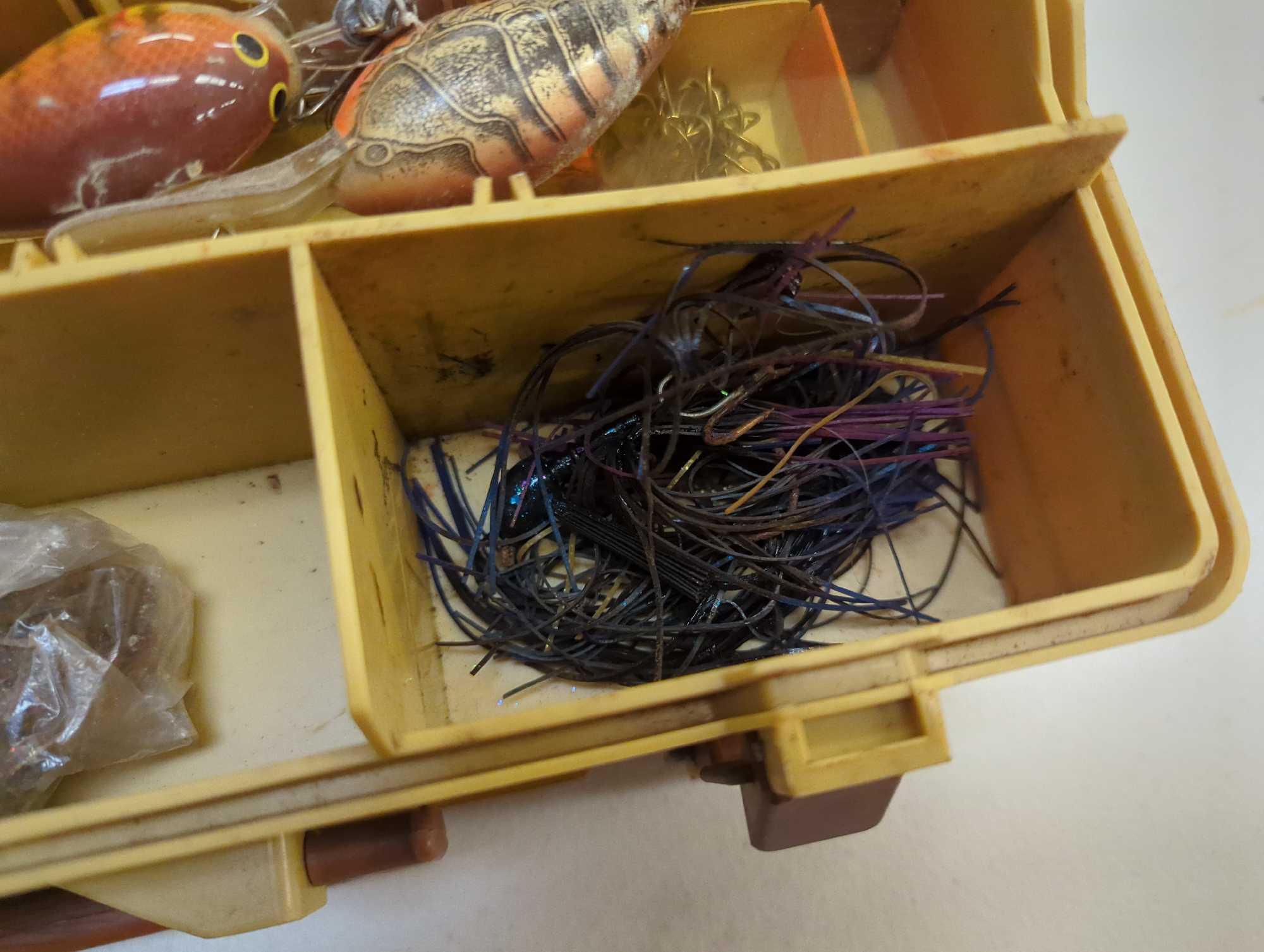 Dual-sided Tackle Box and contents including worms and other various fishing lures. Comes as is