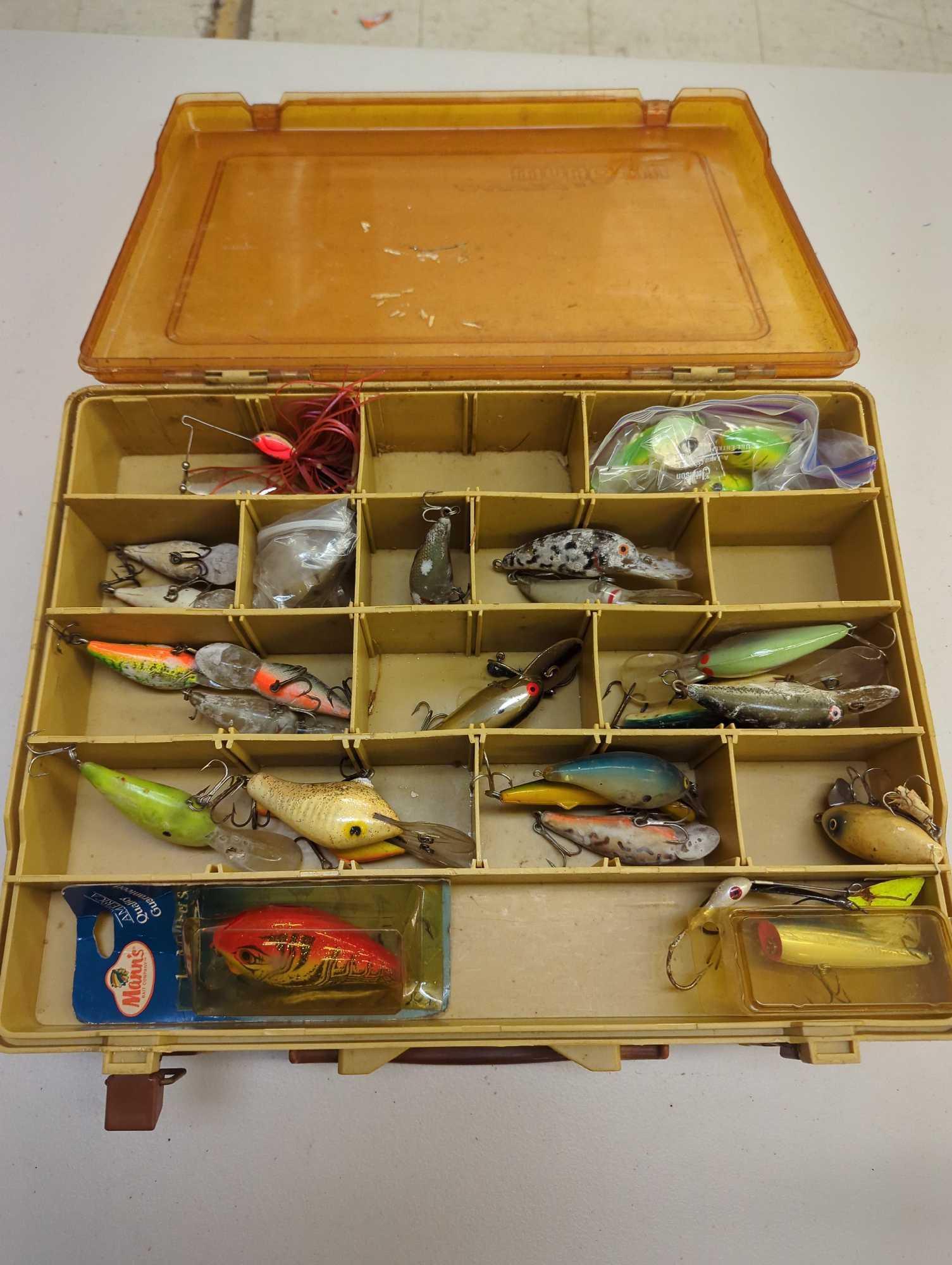 Dual-sided Tackle Box and contents including worms and other various fishing lures. Comes as is