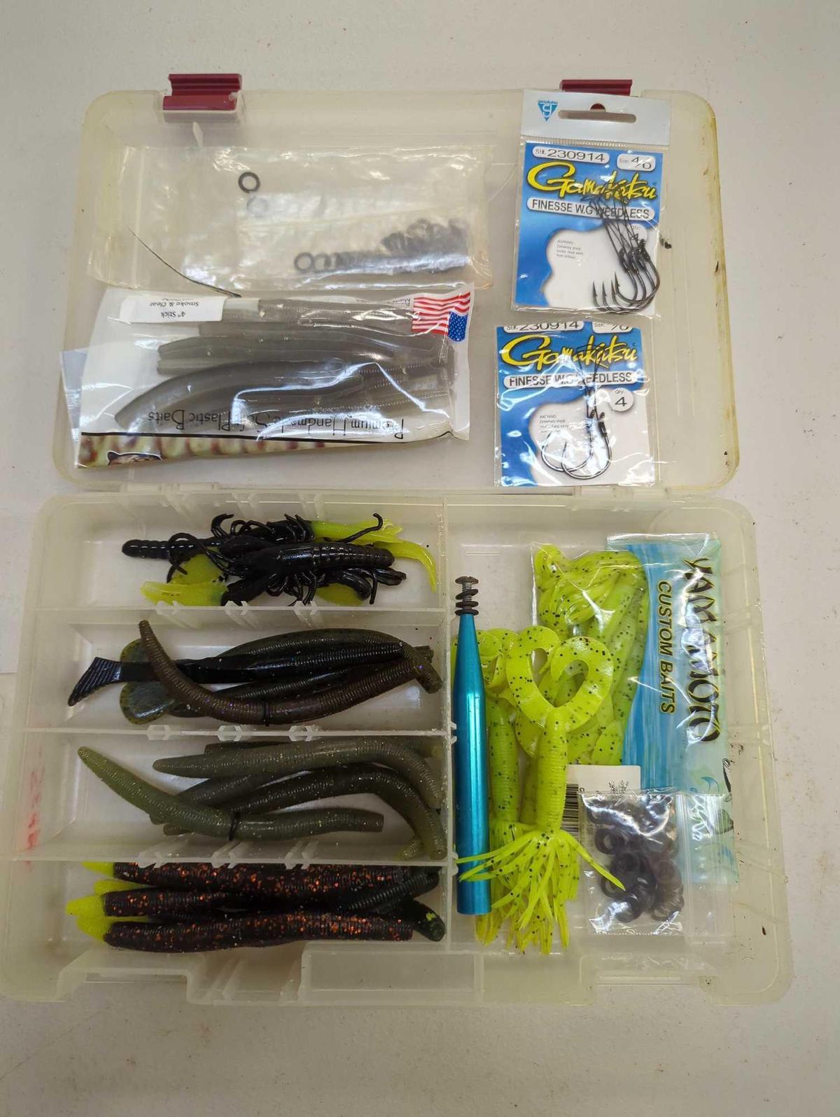 Tackle Box and contents includes various fishing worm lures. Comes as is shown in photos. Appears to