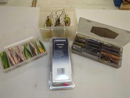 3 mini tackle boxes and a Lowrance 106-72 Transducer. Tackle boxes contain fishing worm lures and